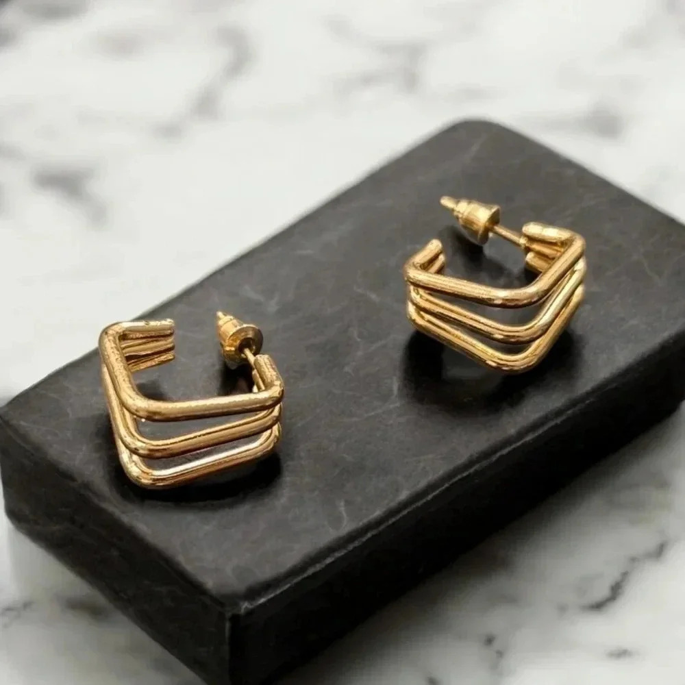 Gold Plated Multi-layered Square Hoop Earrings